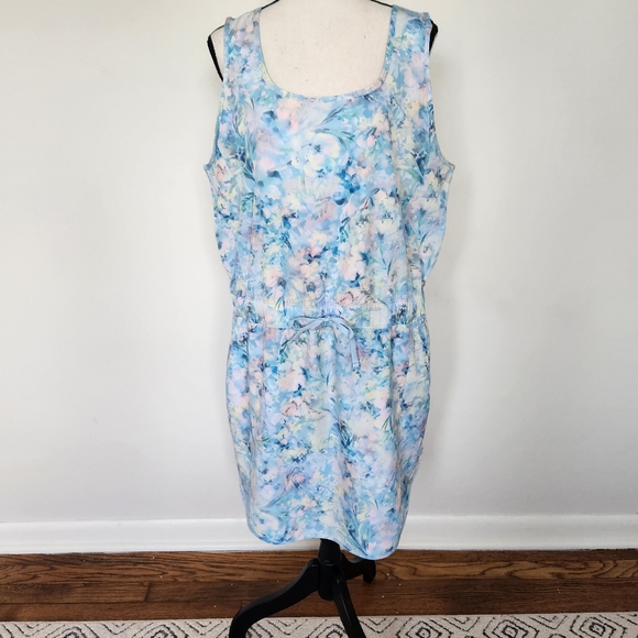 RBX Women's Floral Mini Tank Dress Pastel Blue Pink Drawstring Waist Large - Picture 1 of 13